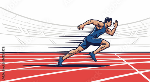 Athlete sprinting on a red track with white lines, stadium background