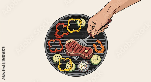 Hand grilling steak and vegetables on a round barbecue