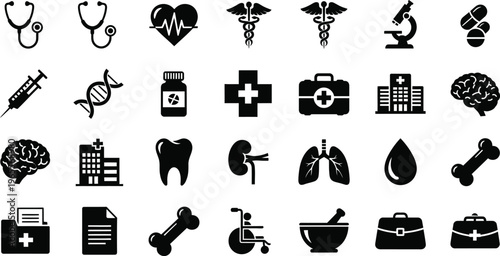 Medical healthcare hospital and pharmacy line icons set isolated on white background