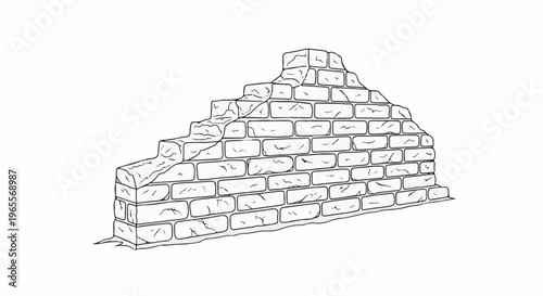 Detailed black and white line art drawing of a crumbling brick wall