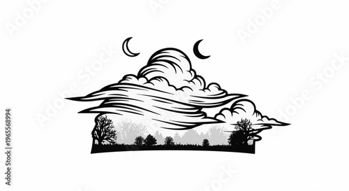 Stylized night sky with crescent moons over a silhouetted forest