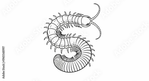 Detailed black and white drawing of a segmented centipede with many legs and antennae
