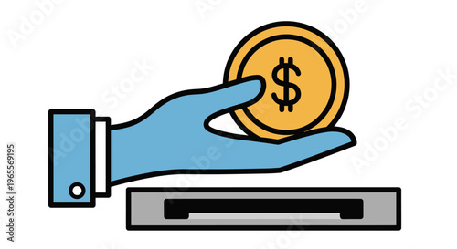Hand Inserting Gold Dollar Coin into Slot Illustration - Finance and Payment Concept