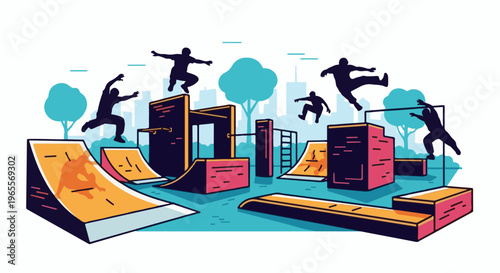 Urban parkour athletes leap and jump through a stylized cityscape obstacle course
