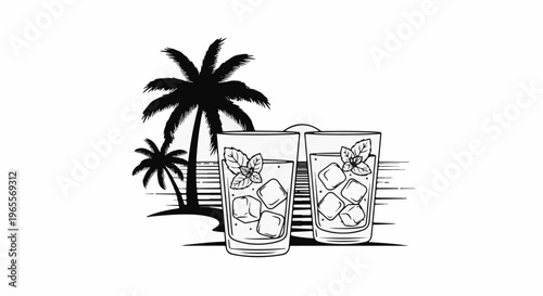 Two refreshing cocktails with ice and mint leaves sit on a beach with palm trees