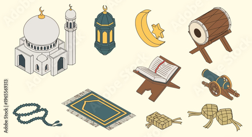 Isometric Islamic Religious Symbols Set for Ramadan and Eid Celebrations - Mosque, Quran, Lantern, Prayer Rug, and Ketupat Icons