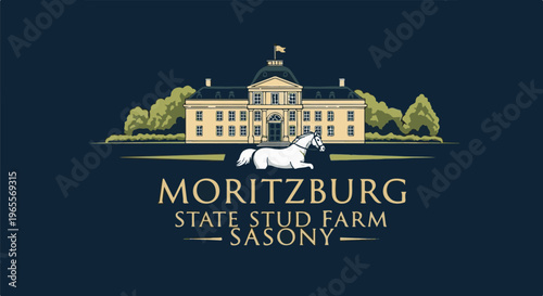 Elegant estate with a white horse in front, against a dark blue background