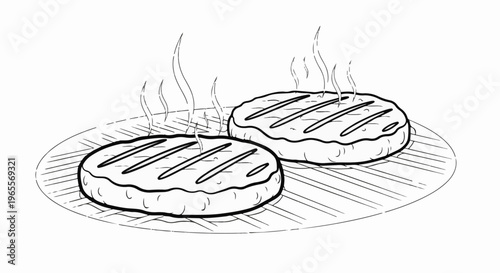 Two sizzling hamburger patties are grilling on a round grate, steam rising