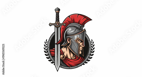 Warrior helmet, sword, and laurel wreath emblem