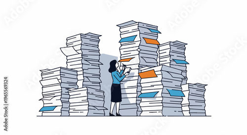 A woman sorts through towering stacks of documents, a task demanding focus