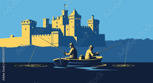Two fishermen in a boat cast lines towards a majestic castle on the horizon