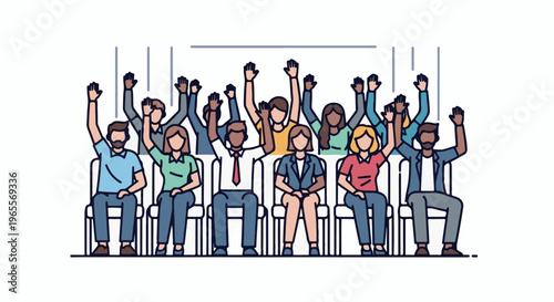 Diverse group of people in chairs with raised hands, appearing to participate