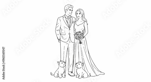 Elegant couple with flower bouquet and two happy dogs