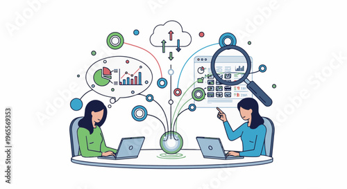 Two people collaborating on data analysis with laptops and cloud uploads