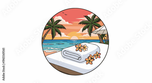 Beachside massage setup with tropical sunset, palm trees, and ocean waves