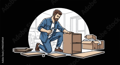 Bearded man kneels, assembling flat-pack furniture with tools and parts nearby