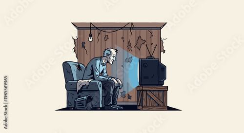 Lonely man watching television in a dilapidated room