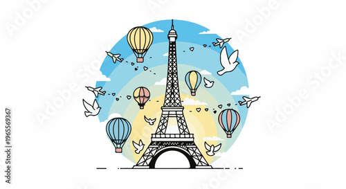 Whimsical sketch of the Eiffel Tower with hot air balloons, birds, and planes