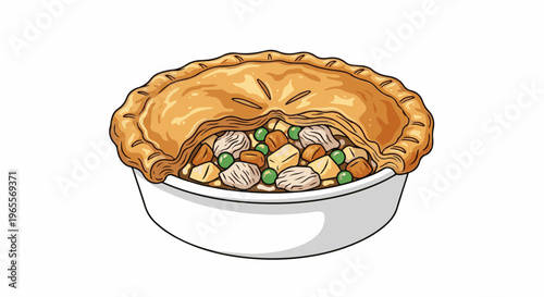 Golden brown pie with flaky crust filled with savory meat, potatoes, and peas