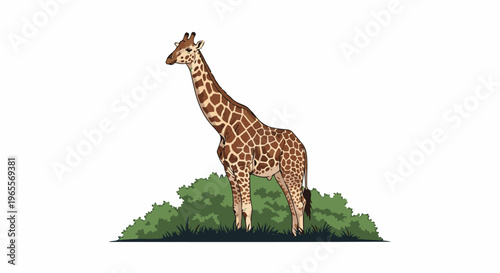 A tall, spotted giraffe stands on grass behind green bushes