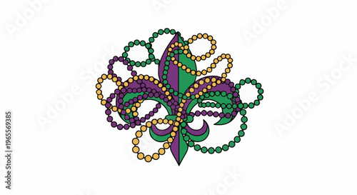 Mardi Gras beads are draped over a green, purple, and yellow fleur-de-lis