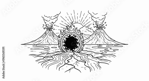 Volcanic eruption with fiery portal and sunburst