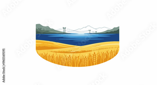 Golden wheat fields meet blue waters, with distant mountains and power lines