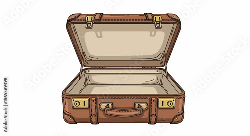 Antique open brown leather suitcase with brass clasps and handle