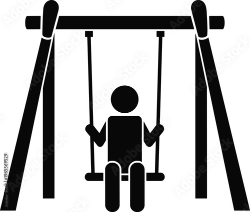 Silhouette vector of child sitting on a playground swing, ideal for outdoor play, kids activity, recreation, childhood fun, and park equipment illustrations.