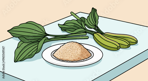 Pile of grains on plate beside green plants and produce