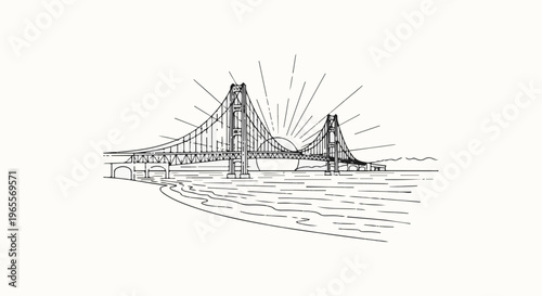 Iconic suspension bridge with sunburst over choppy water and distant hills
