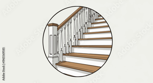 Detailed drawing of a wooden staircase with white spindles and brown treads