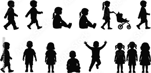 Silhouette vector of children walking, playing, sitting, and standing, ideal for education, parenting, childhood, or early development design and creative projects.