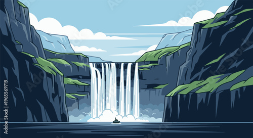 Pixelated waterfall cascades into a dark, tranquil body of water with a small boat