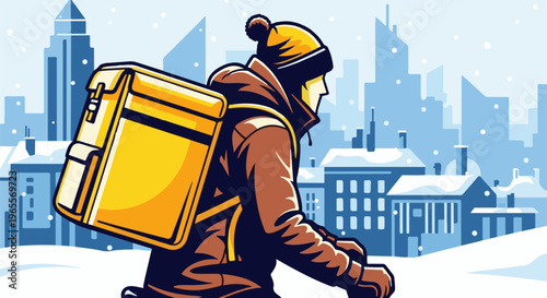A person with a yellow backpack delivers food in a snowy city