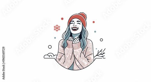 Joyful woman in a cozy sweater and hat during winter, with snowflakes