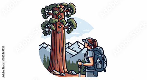 Hiker gazes at giant tree with mountains in background
