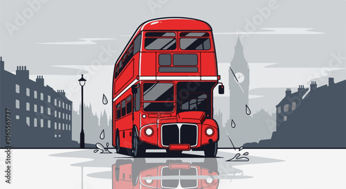 Red double-decker bus on a rainy day in a city with clock tower