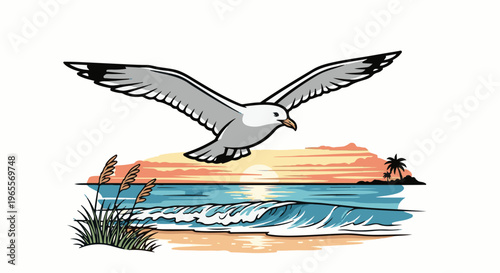 A seagull flies over a beach scene with a sunset and ocean waves