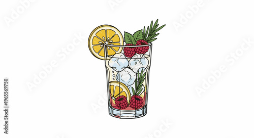 Refreshing drink with ice, raspberries, lemon, and mint garnish
