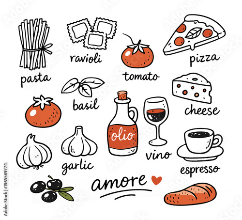 Italian Food Doodle Set with Pasta, Pizza, Wine and Hand Drawn Ingredients