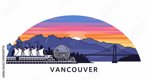 Cityscape with mountains, bridge, and dome under a sunset sky