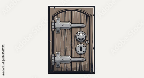 Rustic wooden door with metal hinges, knob, and keyhole