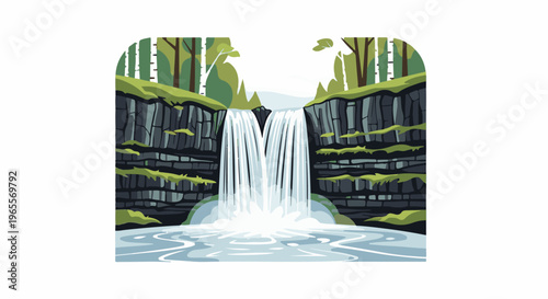 Lush forest surrounds a cascading waterfall plunging into a serene pool