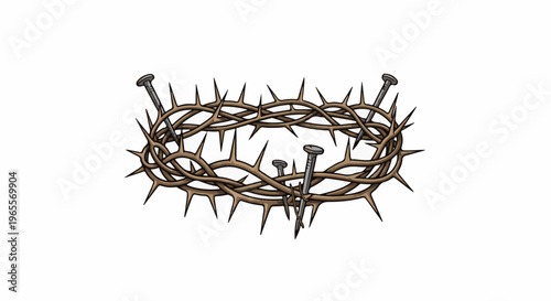 A crown of thorns with nails piercing it on a white background