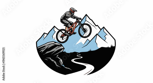 Mountain biker performs aerial stunt over a winding path amidst snowy peaks