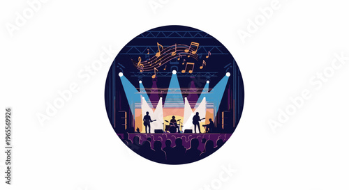 Silhouetted band performs on brightly lit stage with musical notes above