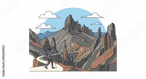A hiker with a backpack and poles ascends a winding path up a jagged mountain