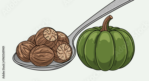 Spoon full of nutmeg next to a green pumpkin