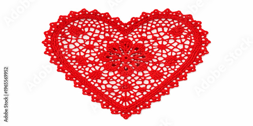 A romantic heart shape design made of red fabric and beads creates a beautiful Valentine holiday symbol for a celebration card pattern